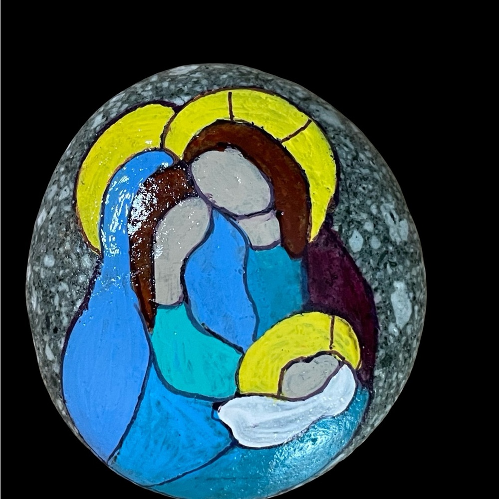 Hand crafted painted nativity rock natural background Mary Joseph Baby Jesus - Picture 5 of 10